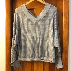 We The Free Gray Waffle Knit Balloon Sleeve V-Neck Top | Free People